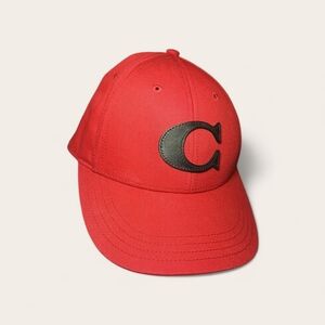 Coach Red Baseball Cap With Adjustable Leather Strap And Leather C Unisex OSFM